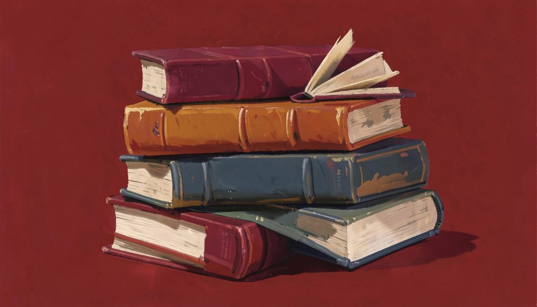 A matte gouache poster painting of stacked vintage hardcover books in deep crimson, ochre, and slate blue, with soft cream pages visible, warm scholarly mood